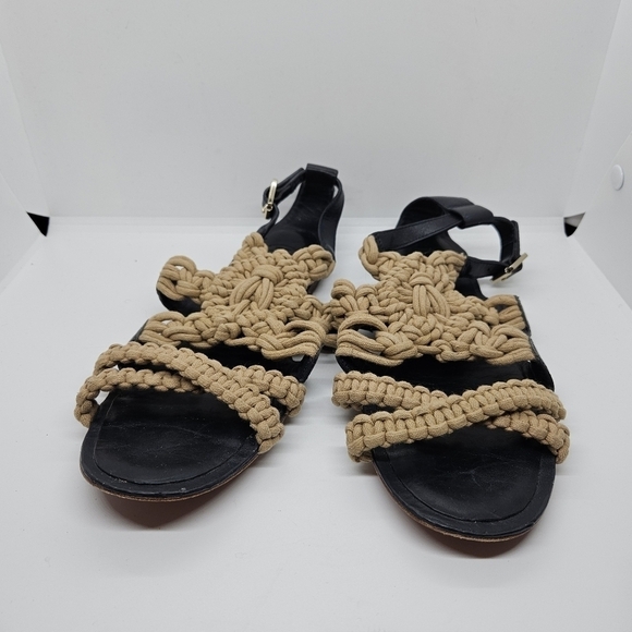 Tory Burch black leather and tan macrame Fleur flat sandals 8.5M - Picture 5 of 9